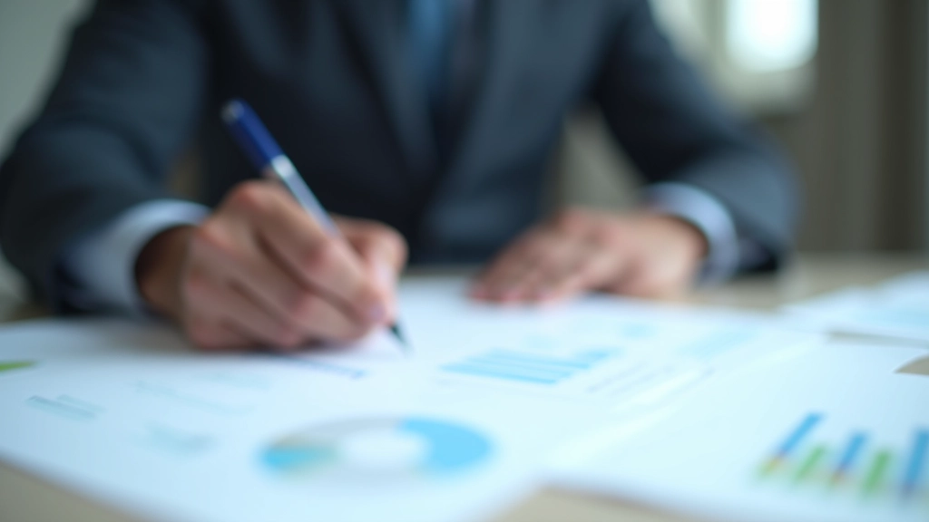 Reviewing printed financial documents and reports on desk with analysis notes